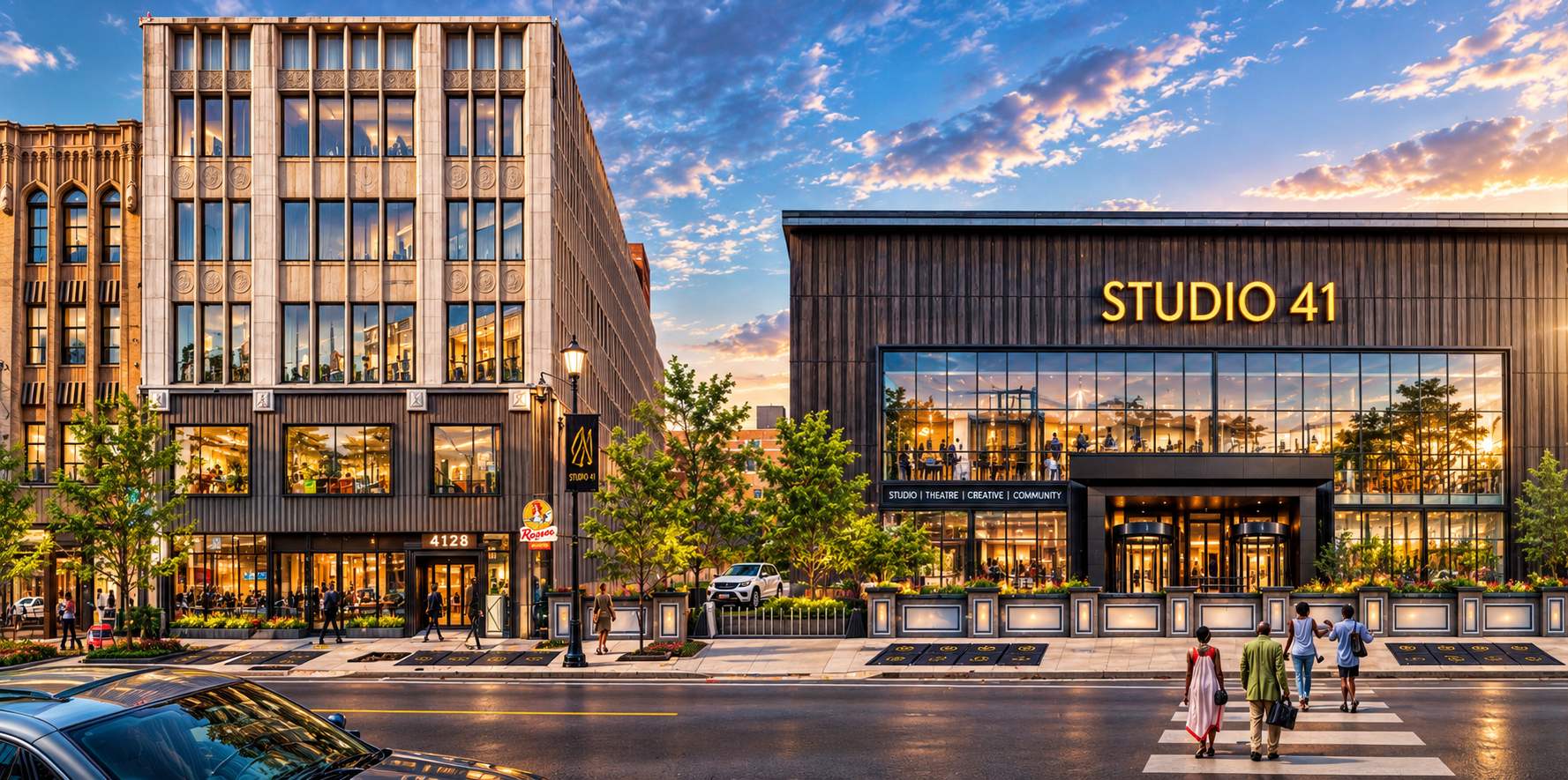 Media on Madison building exterior at dusk, with guests arriving at the entrance under the T.A.P. sign